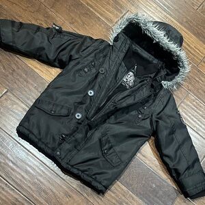 Pelle Pelle Black Hooded Puffer Jacket with Fur Trim Kids Snow Jacket Size 6